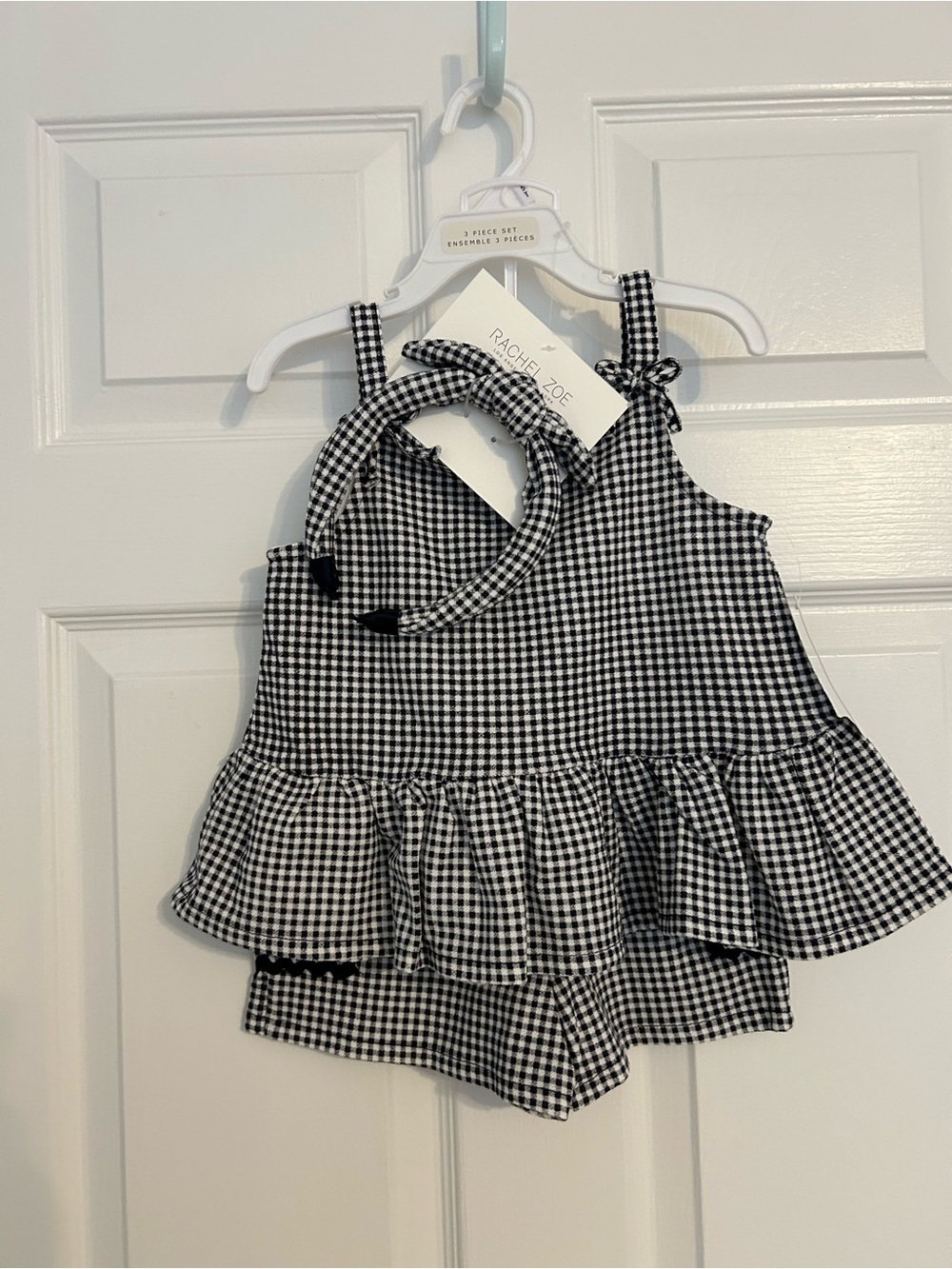 NWT Rachel Zoe Black & White Gingham Ruffle Tank, Shorts & Headband Set